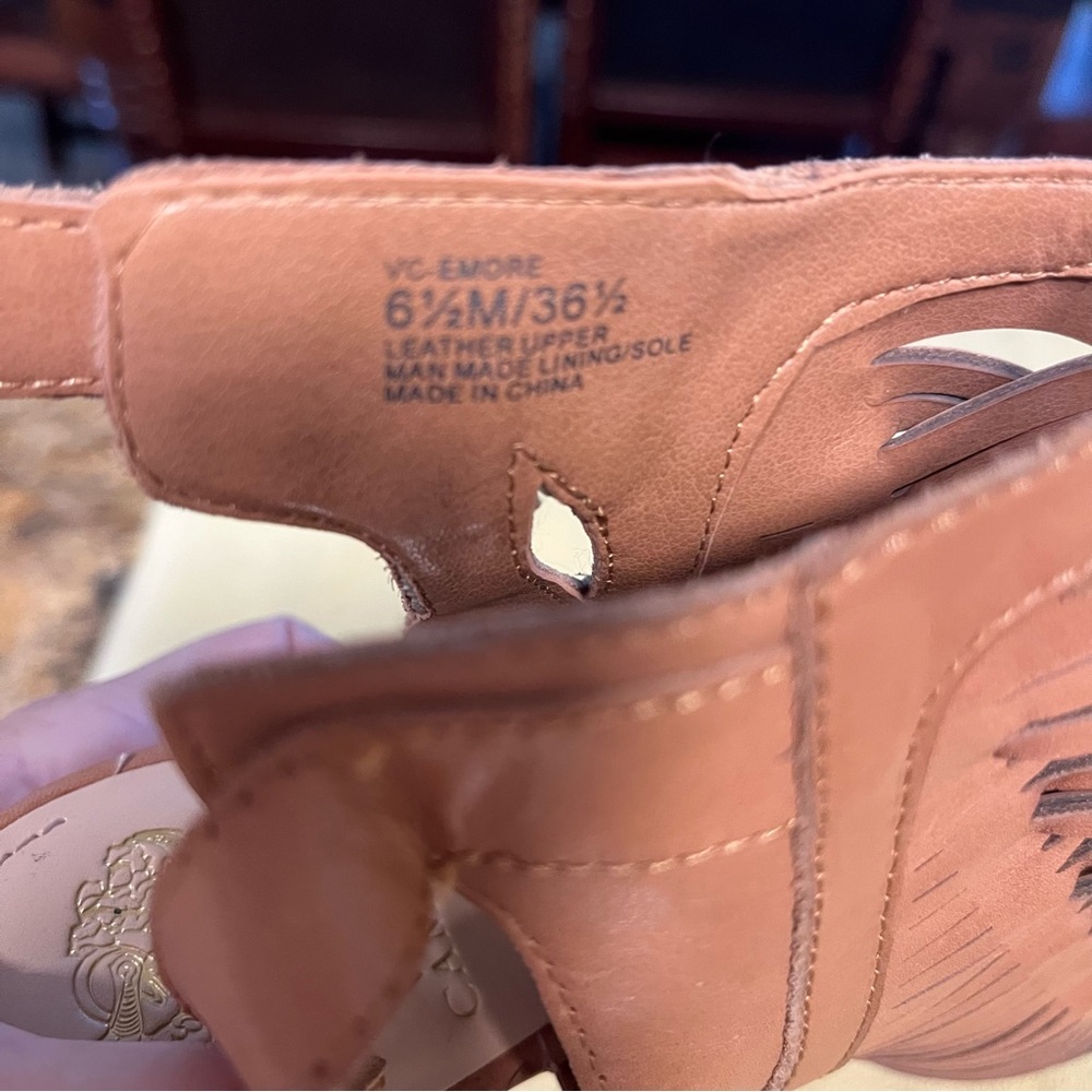 Vince Camuto Emore Brown Tan Leather Women Sz 6.5 Cage Heel Peep Booties EUC - Picture 6 of 9